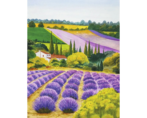 Schilderij van een landschap met lavendelvelden en een huis