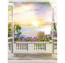Fotobehang met een open deur naar een bloeiend balkon bij zonsondergang
