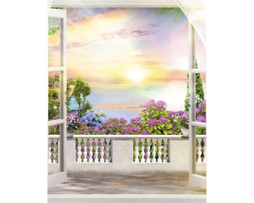 Fotobehang met een open deur naar een bloeiend balkon bij zonsondergang