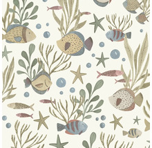 Behang met vissen, zeesterren, algen en bellen