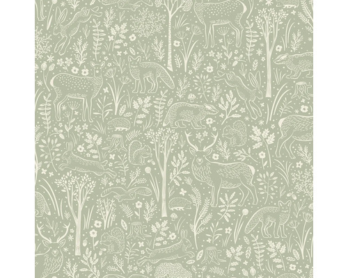 Behang met bosdiermotieven zoals herten, hazen, vossen, dassen, eekhoorns en egels