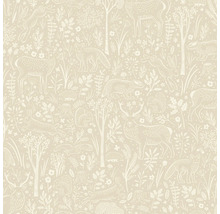 Behang met bosdiermotief, inclusief herten, vossen, konijnen, eekhoorns en bomen.