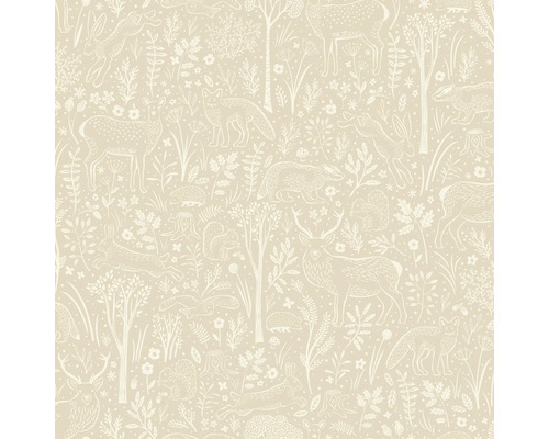 Behang met bosdiermotief, inclusief herten, vossen, konijnen, eekhoorns en bomen.