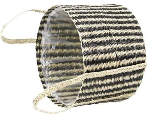Decoratieve plantenbak van gevlochten natuurlijke vezels met handgrepen