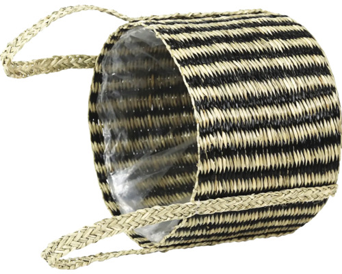 Gestreeepte bloempot van raffia met handvatten