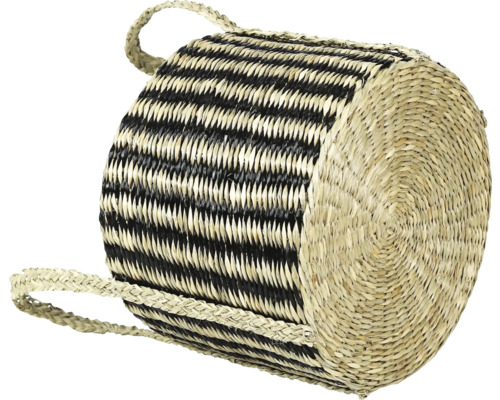 Gestreeepte mand van gevlochten zeegras met handvatten