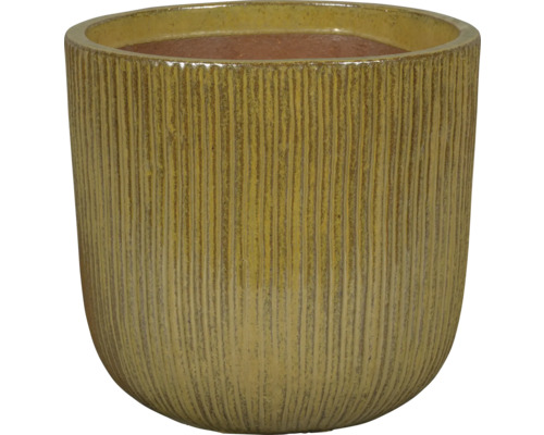 Gele plantenpot met verticale lijnen