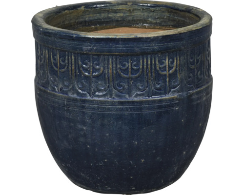 Blauwe plantenpot met reliëfpatroon