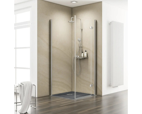 SCHULTE Douchecabine MasterClass vierkant met draaideur rechts helder glas incl. antikalk 90 x 90 cm chroom Inloopdouche met doucheset, doucheplank en handdoekradiator in de badkamer