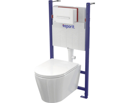 Inbouwreservoir met wandhangend toilet en spoelbak van het merk Veporit.