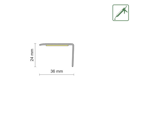 Profielschets met afmetingen 24 mm en 36 mm, plus symbool voor lijmmontage