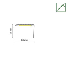 Profiel voor trapranden met de afmetingen 24 mm en 36 mm, symbool voor montage met montagelijm