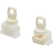 Twee plastic bevestigingsclips met vierkante handgreep