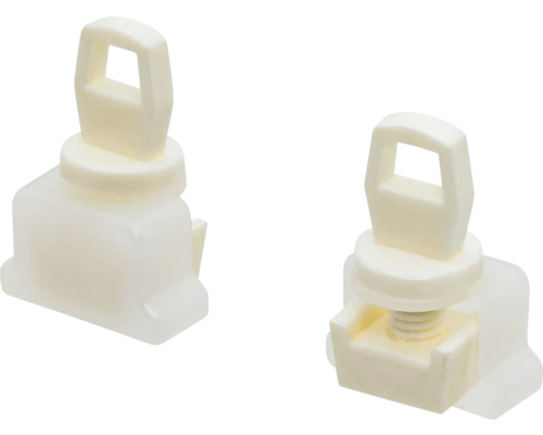 Twee plastic bevestigingsclips met vierkante handgreep