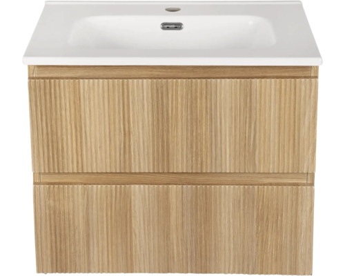 Wastafelonderkast met twee laden en een keramische wasbak