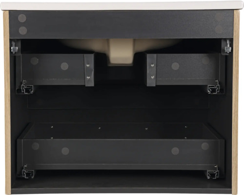 Binnenaanzicht van een wastafelonderkast met laden