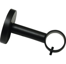 Metalen gordijnroedehouder in zwart met een ronde wandbevestiging en een enkele stanghouder met vastzetschroef.