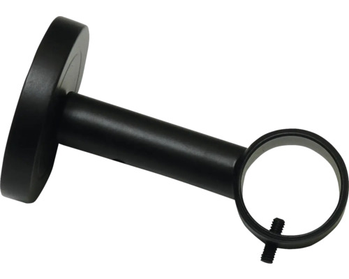 Metalen gordijnroedehouder in zwart met een ronde wandbevestiging en een enkele stanghouder met vastzetschroef.