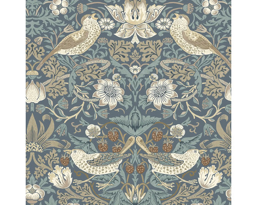 Behang met vogel-, bloem- en aardbeienmotief