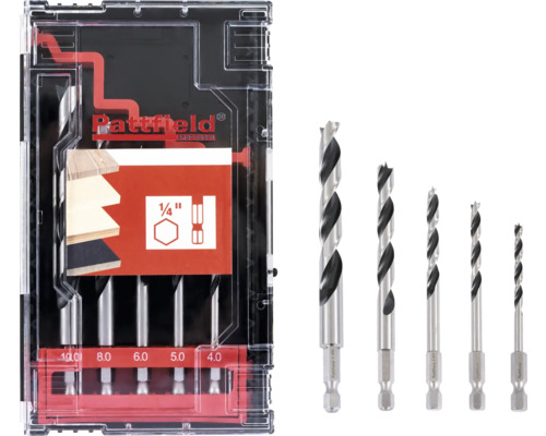 PATTFIELD Houtborenset zeskant, 5-delig Houtboor set met verschillende maten in kunststof doos