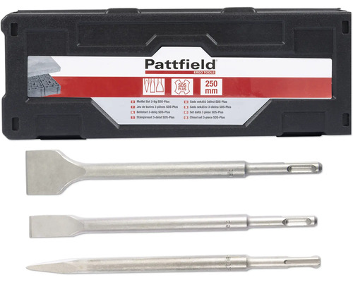PATTFIELD SDS Plus beitelset, 3-delig Pattfield beitelsset met drie SDS Plus beitels in zwarte opbergdoos
