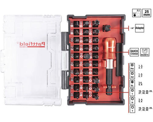 Pattfield bitset met schroevendraaier en diverse bits in een transparante opbergkoffer