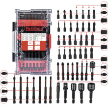 Pattfield logo. Assortiment schroevendraaierbits in transparante kunststof doos