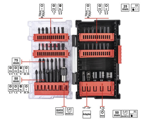 Bitset met diverse schroevendraaierbits en adapters in een transparante koffer