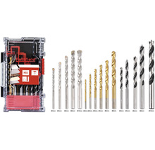 Pattfield boorset met diverse boortypes en -maten in een transparante opbergdoos