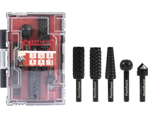 PATTFIELD Raspenset hout- en metaal, 5-delig Pattfield frezenset in opbergdoos