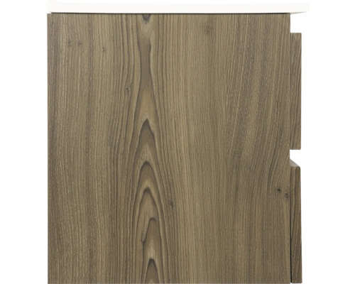 Detail van een badkameronderkast met houten structuur