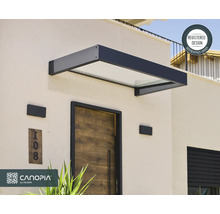 Lichte entree met een moderne deurluifel van antraciet en glas boven een houten deur, Canopia Logo, Geregistreerd ontwerp.