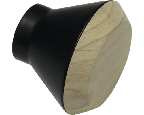 Meubelknop met conische zwarte voet en ronde voorzijde van licht hout.