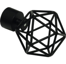 Gordijnroede-einddop van zwart metaal in geometrische kooivorm.