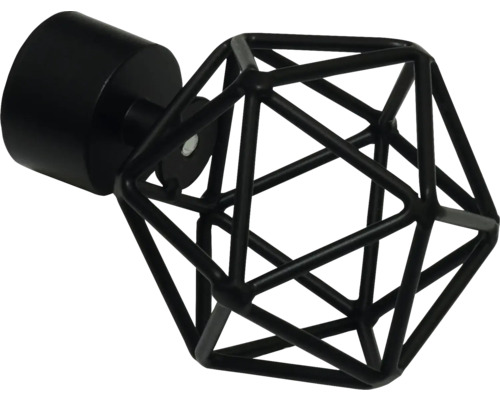Gordijnroede-einddop van zwart metaal in geometrische kooivorm.