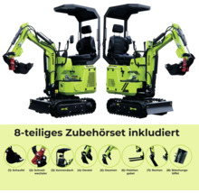 Twee minigravers met 8-delige accessoireset, inclusief schep, snelwissel, zonnedak, deksel, duim, palletvork, hark en taludbak