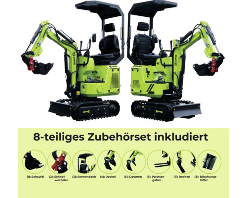 Twee minigravers met 8-delige accessoireset, inclusief schep, snelwissel, zonnedak, deksel, duim, palletvork, hark en taludbak