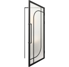Geopende binnendeur met glazen vulling en zwart frame
