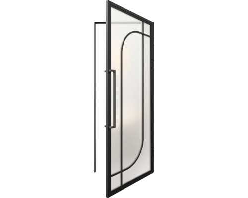 Geopende binnendeur met glazen vulling en zwart frame
