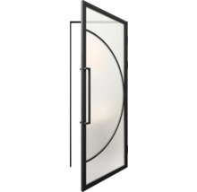 Openstaande glazen deur met zwart frame en halfronde decoratie