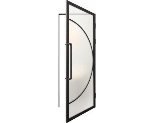 Openstaande glazen deur met zwart frame en halfronde decoratie