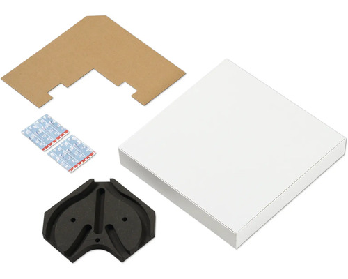 Verpakkingsinhoud hoekgootsteen, bestaande uit gootsteen, hoekstukken en bevestigingsmateriaal