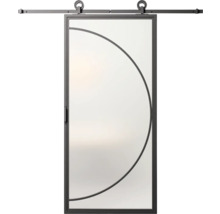 Glazen schuifdeur met metalen frame en halfcirkelvormig ontwerp