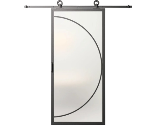 Glazen schuifdeur met metalen frame en halfcirkelvormig ontwerp