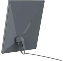 Achteraanzicht van een platte binnenantenne met geïntegreerde standaard en aangesloten kabel.