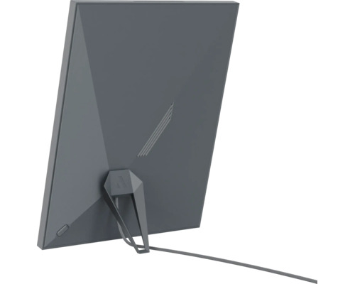 Achteraanzicht van een platte binnenantenne met geïntegreerde standaard en aangesloten kabel.