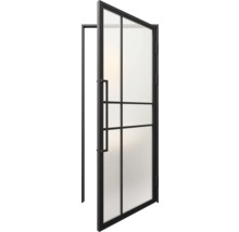 Openstaande binnendeur met glazen inzet en zwart frame