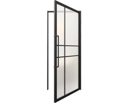 Openstaande binnendeur met glazen inzet en zwart frame