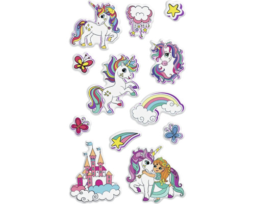 Stickerblad met eenhoorn-, vlinder-, kasteel-, regenboog- en sterontwerpen