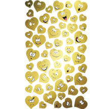 Een verscheidenheid aan goudkleurige hartstickers met verschillende gezichtsuitdrukkingen.